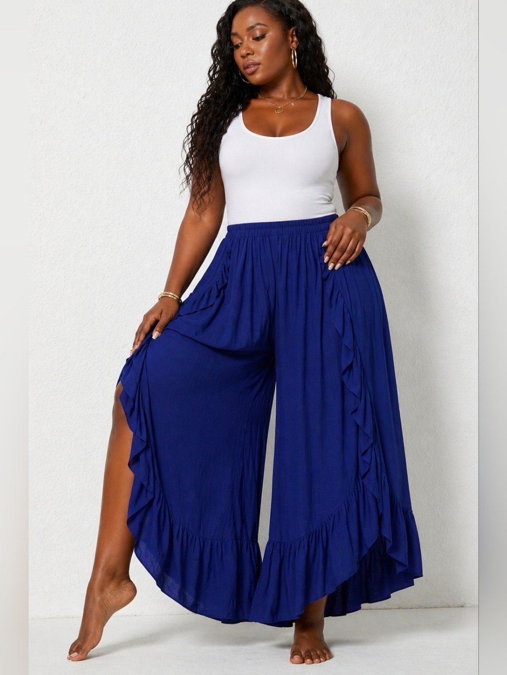 Flowy Ruffle Wide-Leg Pants in Royal Blue